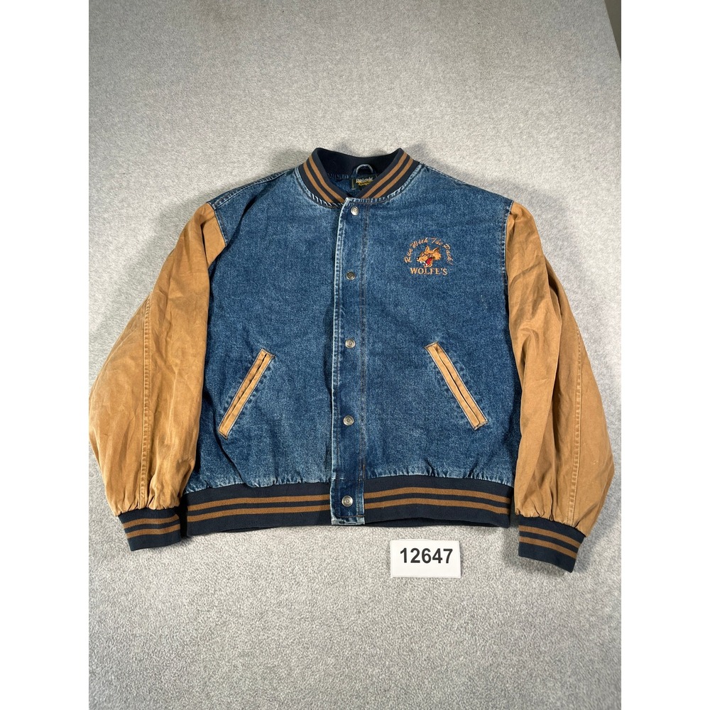 Dunbrooke Varsity Jacket Mens XL Blue Denim Tan Canvas Good Wolfe's Embroidered